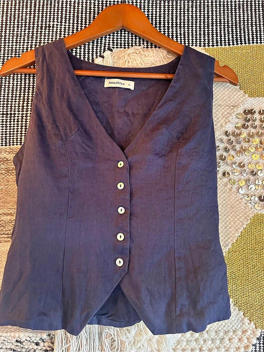 Amazhiyu  Linen Vest in Blue Size Small